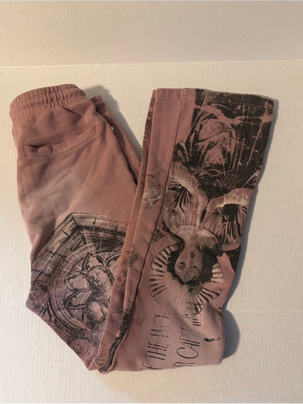 Rare Peace "All Over Angel" Washed French Terry Stacked Joggers in Dust Pink S - Picture 7 of 8